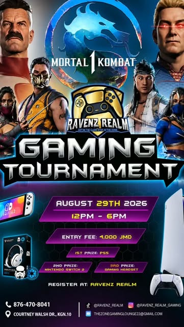 Official Ravenz Realm Mortal Kombat 1 tournament flyer: 29 August 2026, 12pm to 6pm, 4,000 JMD entry